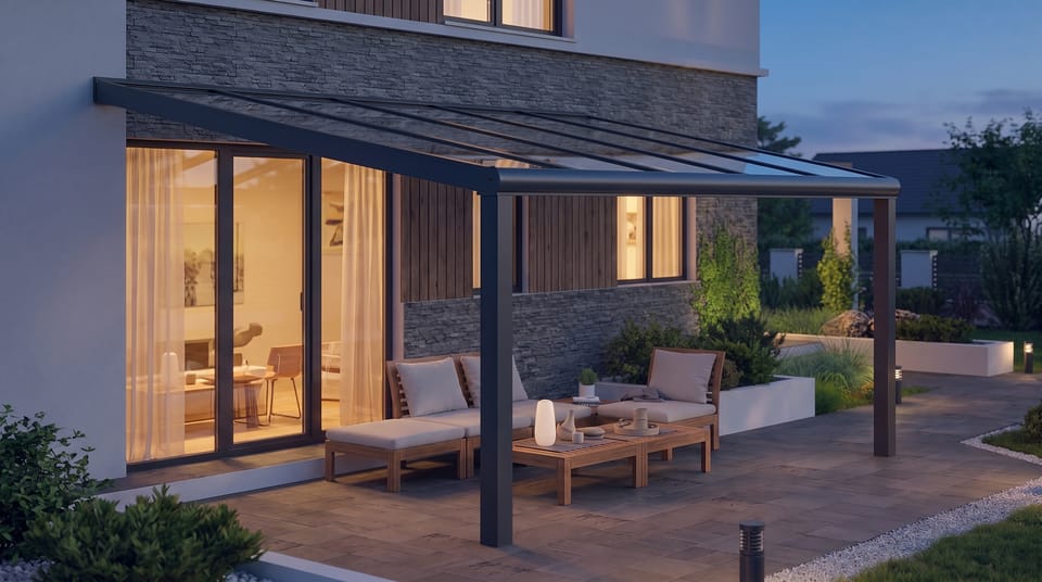 Anthrazitfarbenes Terrassendach mit Glasdach an einem modernen Haus in der Abenddämmerung