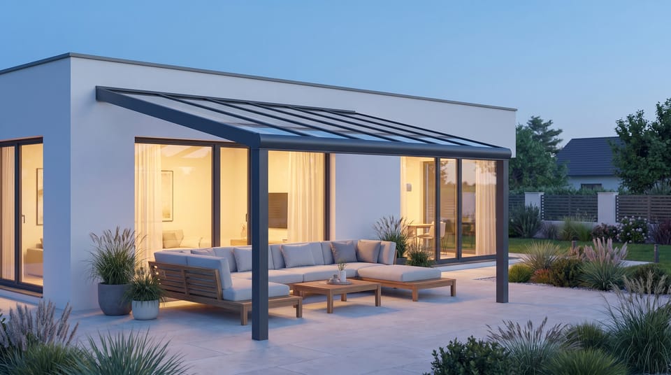 Visualisierung eines Terrassendachs an einem modernen Haus zur blauen Stunde